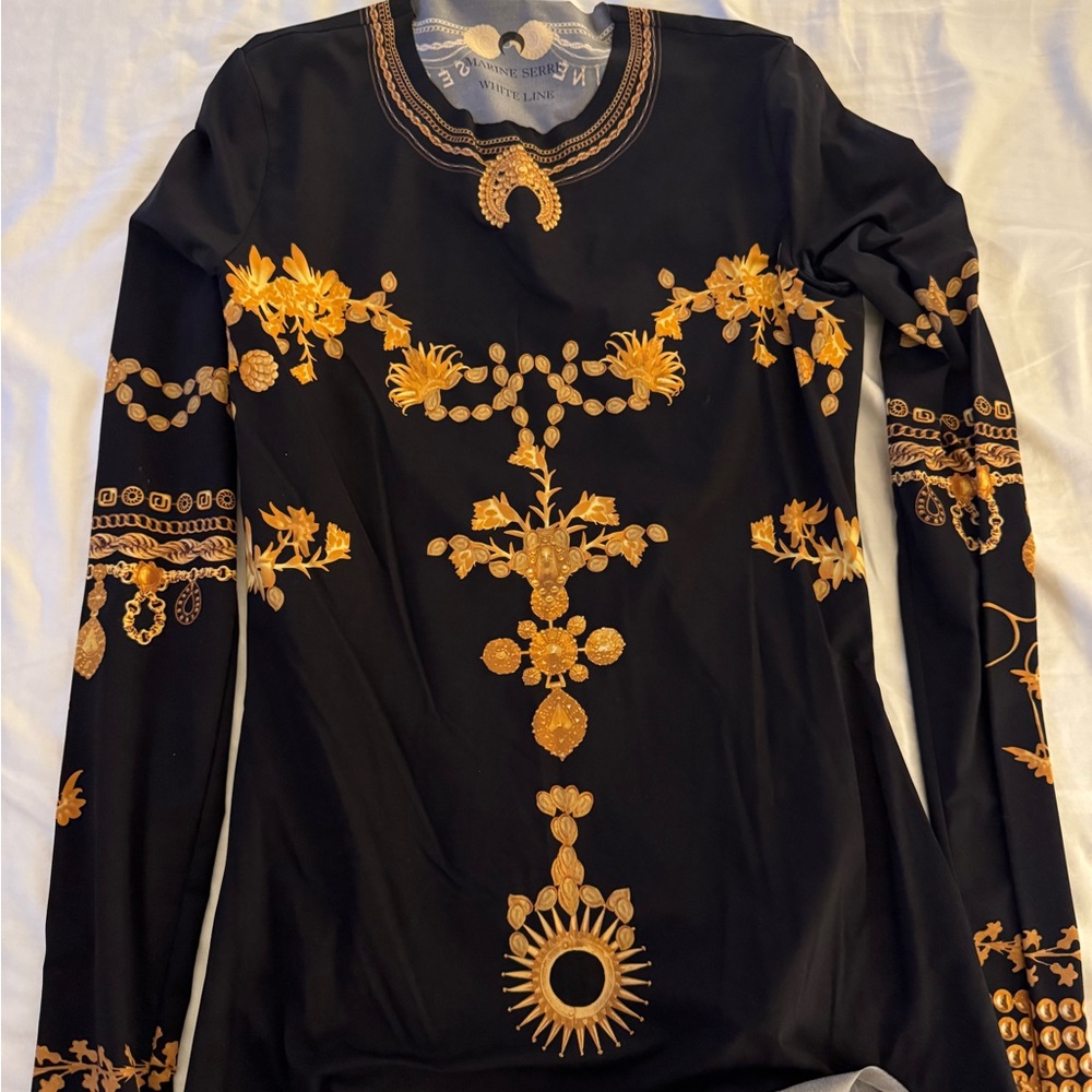 Marine Serre Black Gold Long Sleeve Graphic Blouse
